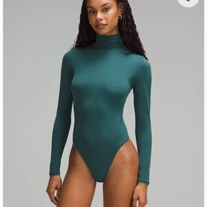 Wundermost Ultra-Soft Nulu Turtleneck Thong Bodysuit. Size L. Color storm teal